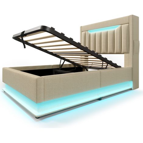 Cama individual 90x200 cm con almacenaje, LED y puertos USB-C, beige, lino (1/5)