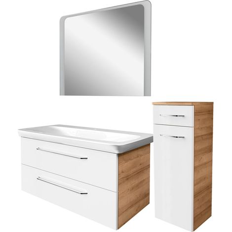 Fackelmann MILANO Badmöbel Set 4-teilig, 100 cm, Braun hell/Weiß, Keramik, Spiegel + Midischrank"-"90311145 (1/3)