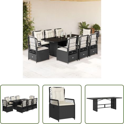 vidaXL Gartentisch - 9-tlg. Garten-Essgruppe mit Kissen Schwarz Poly Rattan (1/5)