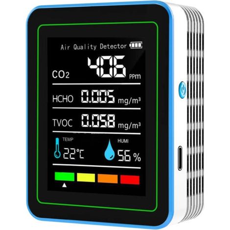 Innenraum-Luftqualitätsmonitor 5-in-1, tragbarer präziser CO2-, TVOC-, HCHO-, Temperatur- und Feuchtigkeitsdetektor, Luftqualitätstestgerät für Zuhause, Büro, Schule, Hotel, Auto