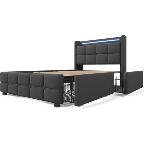 Cama con almacenaje tapizada 90x200 cm gris con LED, USB y 2 cajones MODENUIT (1/5)