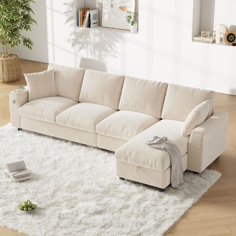 Divano a 4 posti, divano angolare a L con tavolo pieghevole, 2 portabicchieri, porta USB + Type-C, mobile soggiorno/camera da letto, tessuto ciniglia, beige (1/5)