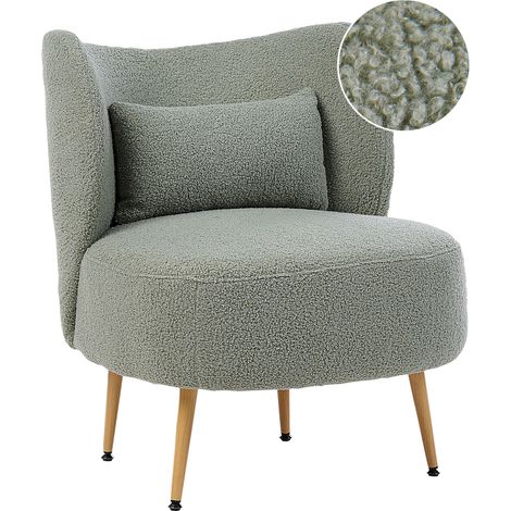 Poltrona Soggiorno Seduta Schienale curvo Design Glam Tappezzeria Boucle Legno chiaro Gambe in metallo Verde Otsby II (1/5)