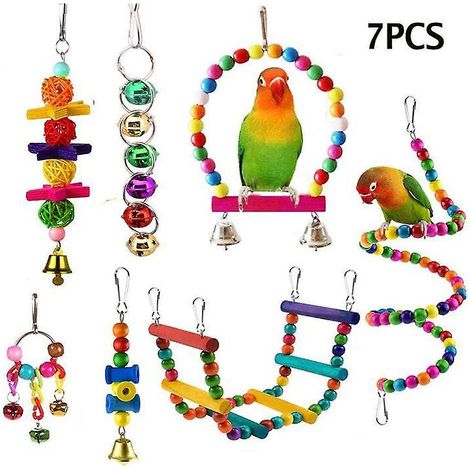 jouet Peroquet 7pcs, Jouets Pour Oiseaux Jouets Mcher Pour Cage Oiseaux,balanoire,bois Perchoirs,cloches Pour Oiseaux,perroquets,perruches (1/5)
