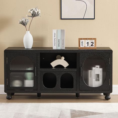 Wahson Sideboard with Glass Doors, MDF Storage Cabinet, Modern Sideboard Unit with 3 Compartments, Dustproof Display Cabinet for Kitchen, Bedroom, Living Room, Black (1/5)