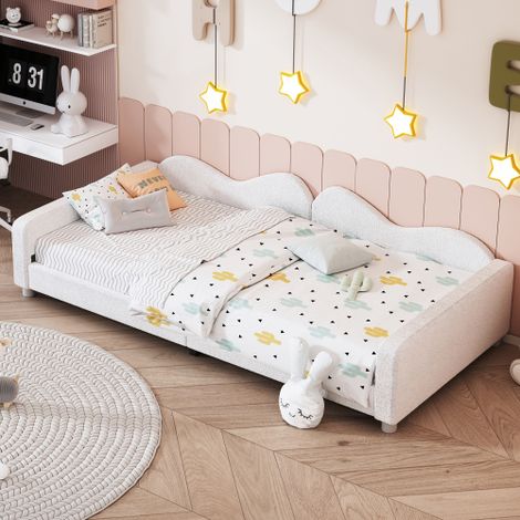 Cama infantil 90x200 cm, cama individual con respaldo y reposabrazos, tejido Teddy, color blanco, sin colchón (1/5)