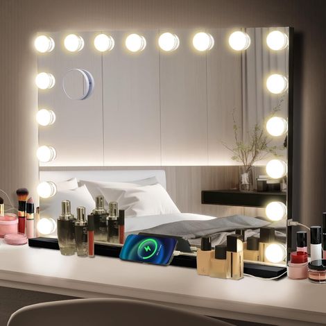 Miroir Maquillage Hollywood Lumineux Tactile 80x62CM, Température et Luminosité Variable, avec Petit Loupe Grossissant, 18 Ampoules LED, Port USB, Noir (1/5)