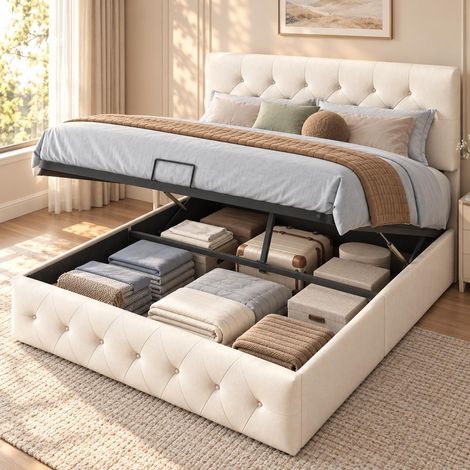 Cama canapé abatible 160x200 cm de matrimonio hidráulica con arcón de almacenaje, Cabecero capitoné elegante y somier de láminas, de terciopelo, Beige (1/5)
