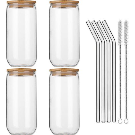 4er Set Trinkgläser 473ml mit Bambusdeckel & Glasstrohhalm