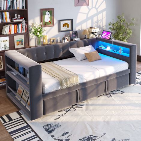 Lit à sommier rembourré 90x190 cm, avec bande LED, ports USB et rangement spacieux canapé-lit convertible multifonction, teinte anthracite, 180 cm. (1/5)