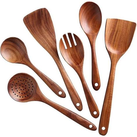 6pcs Teck Cuillère en bois massif Spatule Cuisine Cuisine En bois Pelle Vaisselle Ensembles d'outils de cuisson (1/5)