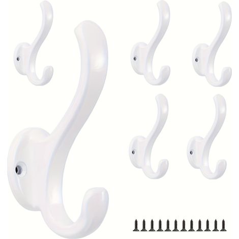 Lot de 6 Crochets Mural Vintage Métal Double - Antirouille Facile à Monter Chapeaux Manteaux Serviettes Clés Blanc (1/5)