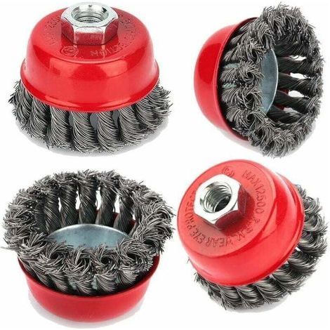 Brosse de nettoyage métallique, 4pcs brosse à treillis métallique M14 torsadé 75 mm pour meuleuse d'angle brosse coupe, dérouillage corrosion détournant la peinture (1/3)