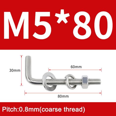 Paquete de 20 pernos roscados en forma de L M5 x 80 mm de acero inoxidable 304 para cimentaciones, anclajes, tornillos cuadrados y ganchos de suspensión. (1/5)
