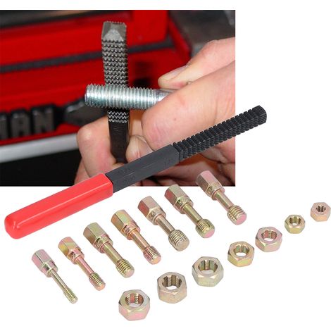 Kit de réparation de filetage métrique de 15 pièces, comprenant 7 tarauds, 7 filières et 1 lime à filetage, pour les outils professionnels de réparation des freins et du châssis automobile. (1/5)