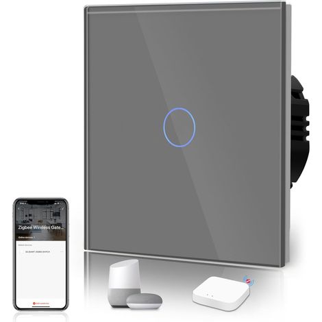 Interrupteur Tactile Zigbee, Interrupteur Connecté, Panneau en VERRE, Contrôle Vocal, Passerelle Zigbee Requise (non incluse), 1 Gang 1 Voie, Gris (1/5)