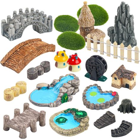 Kit de Décoration Jardin Miniature 21 Pièces - Accessoires de Décoration pour Fairy Garden, Terrarium et Bonsaï - Statues de Pont, Maison, Étang et Champignons en Résine