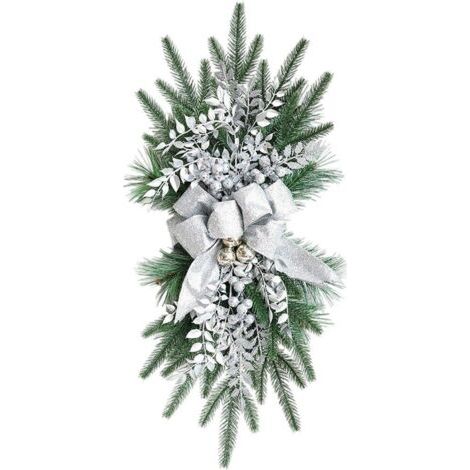 SABIR Guirlande de Noël artificielle 22'' en forme de larme avec grand nœud imprimé, boules de Noël, rose, neige, branches givrées, couronne d'escalier pour décoration intérieure C (1/5)