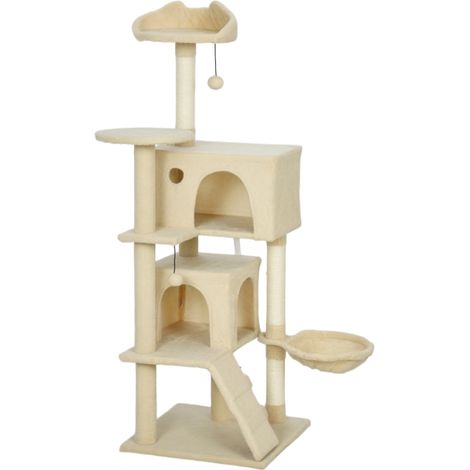 Arbre à chat 48x48x140 cm – hamac, niche, échelle et plateforme oreilles de chat – beige (1/5)