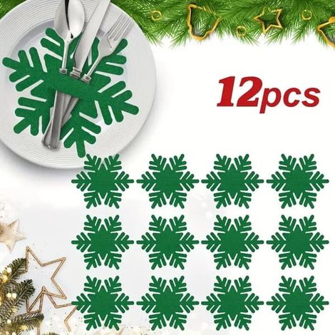 Ensemble de 12 pièces pour la décoration de table de Noël : nappe hexagonale en forme d'étoile et de flocon de neige, motif vert. (1/4)