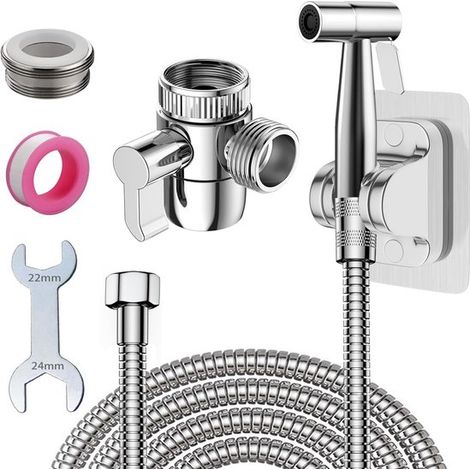 Handbrause Set WC Sprühkopf Hygienische Reinigung 3 Wege Wasserhahnadapter 2 Meter Schlauch Silber (1/5)
