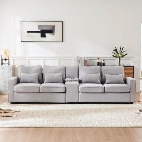 Canapé 4 places modulable en tissu lin avec console, porte-gobelets et USB, gris clair (1/5)