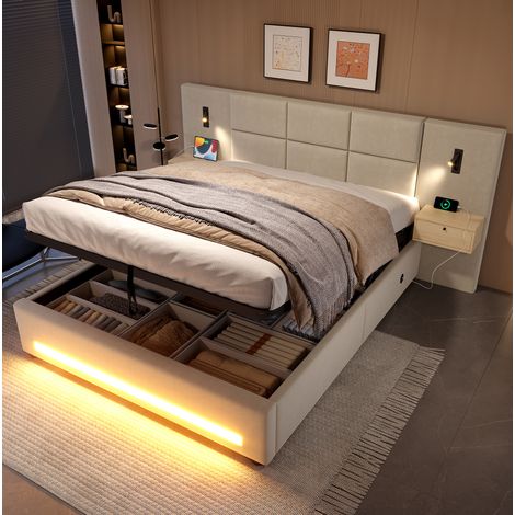 180200cm Europäisches Polsterbett mit Samtkopfteil, praktischen Stauschubladen, LED-Nachtlicht, USB-C-Anschlüssen, hydraulischem Unterbettspeicher und robustem Metallgestell (200 kg Traglast). (1/5)
