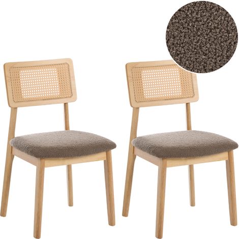 Conjunto de 2 sillas de comedor asientos de bouclé gris pardo respaldo de ratán sintético estructura de caucho lacado sin reposabrazos retro marrón claro Embar (1/5)