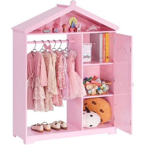Armario de Disfraces para Niños con Espejo, Perchero Infantil con Estantes, Mueble de Madera Estilo Cuento de Hadas para Dormitorio, Juegos, Organizador de Ropa con Barra y Compartimentos, Rosa