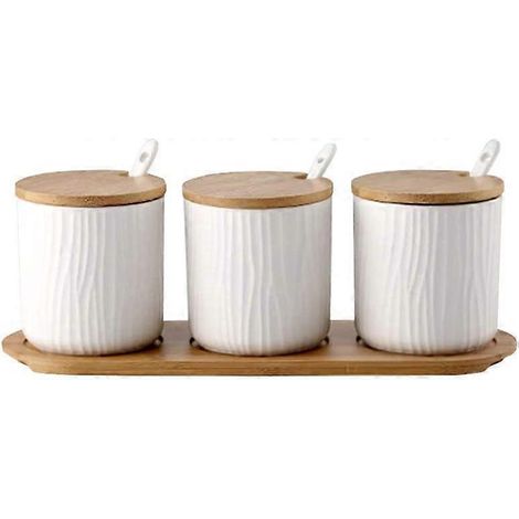 Keramik-Gewürztopf mit Deckeln, Löffeln und Serviertablett aus Holz für die Küche, 9,5 x 28,5 cm, weiß (1/5)