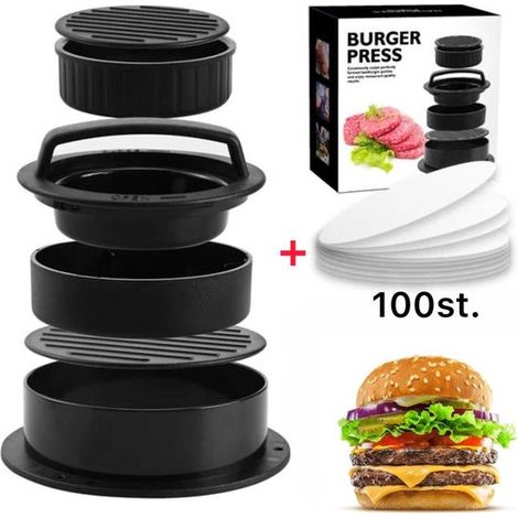 Presse à hamburger 3 en 1 avec 100 feuilles de papier sulfurisé - presse à hamburger - accessoires barbecue - appareil à hamburger (1/5)