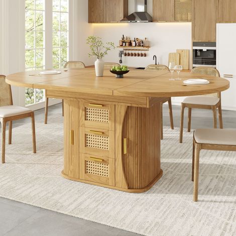 Îlot de cuisine 158x118x77,1 cm avec plateau extensible, rangements, roulettes, plan de travail, en MDF et métal, bois naturel (1/5)