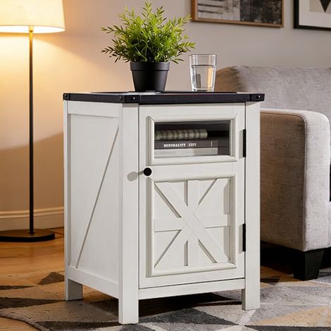 Commode Table d'Appoint Style Farmhouse avec Station de Charge, Table de Chevet Rustique à Porte de Grange & Étagère Réglable, Table Latérale en Bois avec Rangement 3 Niveaux - Panneau de Particules B (1/5)