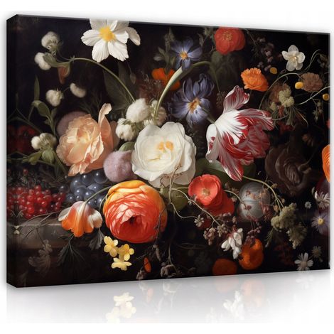 tableau fleurs pivoines fond noir sur toile mur chambre salon 40x30 (1/3)