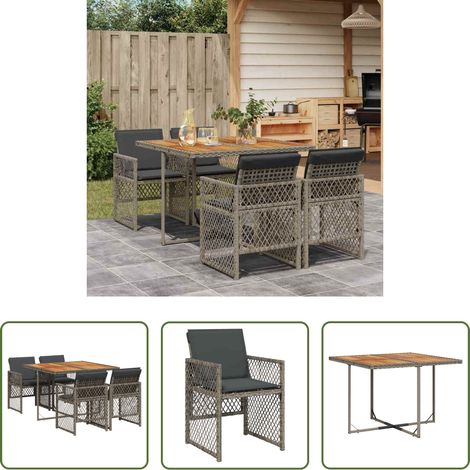 vidaXL Gartenstuhl - 5-tlg. Garten-Essgruppe mit Kissen Grau Poly Rattan (1/5)