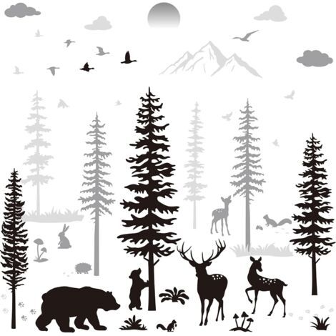 BUNTHAUS Kinderzimmer-Wandaufkleber, Wald-Hirsch-Wandaufkleber, Bären-Kiefernbaum-Wandaufkleber, Wandbild, Kunst-Tapete für DIY Kinderzimmer, abnehmbare Vinyl-Aufkleber (1/5)