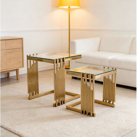 Beistelltisch Set 2-teilig aus klarem Sicherheitsglas und goldfarbenem Edelstahl, quadratisch (1/5)