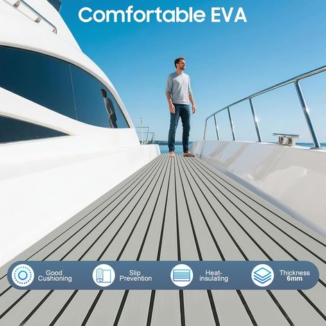 240cm x 90cm x 6mm Eva-Schaum Deckbeschläge für Boote Yacht Marine Bodenbelag Rutschfester Teppich Mit Kleberücken Synthetische Teakholz Bodenbelag Matte (Grau mit Schwarze)