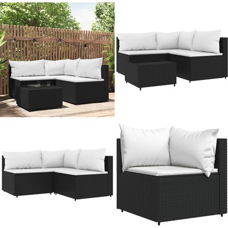 Salon de jardin 4 pcs avec coussins Noir Résine tressée - Canapé d'angle - Canapé central (1/5)