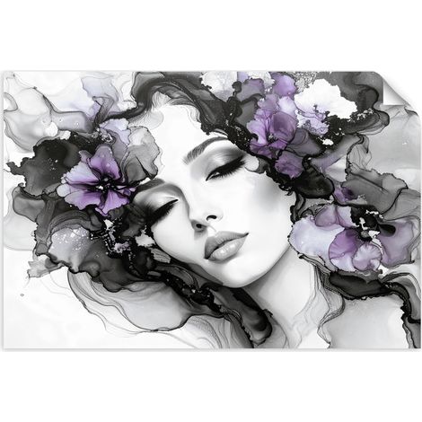 Selbstklebendes Poster – Wandsticker Frau mit violetten Blumen auf dem Kopf 130x90 cm