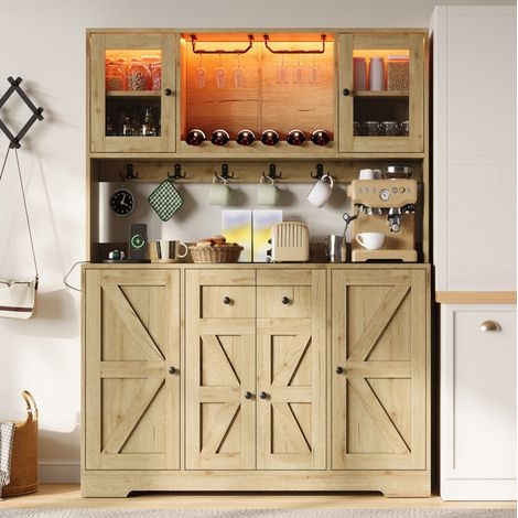 Credenza cucina 140x40x173 cm in MDF naturale con LED RGB e prese integrate - CHICFURN (1/5)
