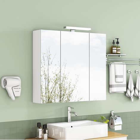 Armadietto a specchio da bagno sospeso 80 cm bianco a 3 ante con LED e presa francese OKWISH (1/5)