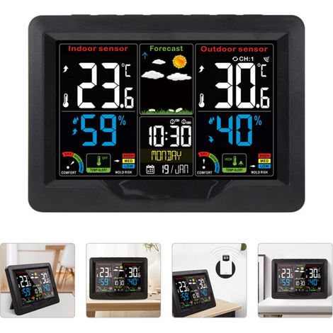 CCYKXAIndoor Humidity Monitor, Thermometer, Alarm Clock, Black Plastic, Automatic Temperature, Humidity and Temperature Display, Indoor Use (1/5)