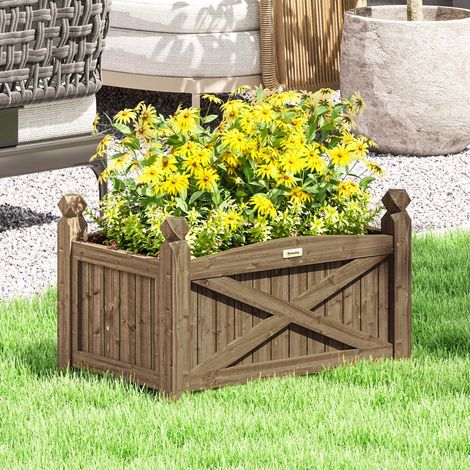 Jardinière surélevée en bois pour plantes, fleurs et gazon, idéale pour le jardin, le balcon ou la terrasse. Dimensions : 60 x 39 x 37 cm. Couleur : marron foncé. (1/5)