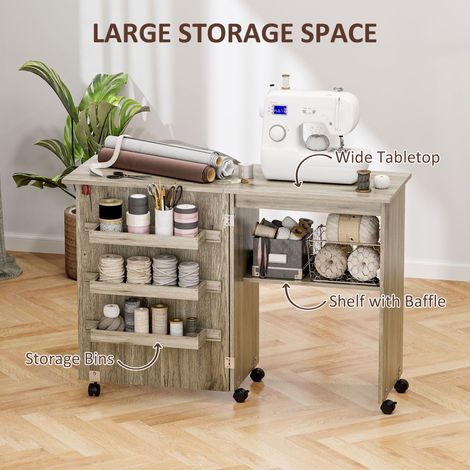 Meuble de machine à coudre gris avec étagère de rangement, table de couture pliante, organisateur compact avec roulettes verrouillables et bacs