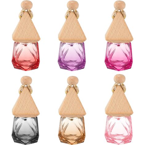 6pcs Flacon De Parfum Suspendu Pour Voiture, 8ml Pendule Vide En Verre Transparent Diffuseur D'aromathérapie À Huiles Essentielles Avec Bouchon En Bois (Multicolore, Rhombe) (1/5)