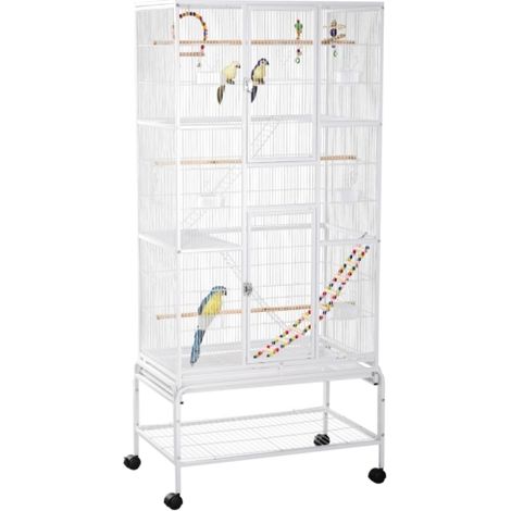 Spacious 3-Tier Bird Cage on Wheels with Toys and Ladders for Budgies, Canaries, Finches, Cockatiels, Parakeets - White (1/5)