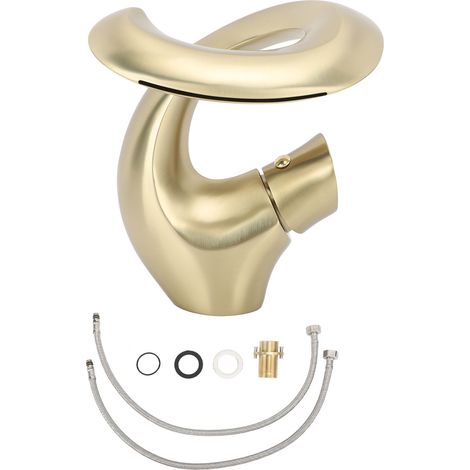Robinet de lavabo cascade réglable mitigeur eau chaude froide en laiton design épuré pour vasque encastrée doré brossé (1/5)