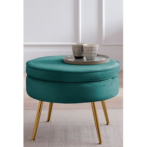 Pouf rond en velours vert avec pieds en métal doré, repose-pieds et siège d'appoint - H 41 cm - PANGIVO (1/5)