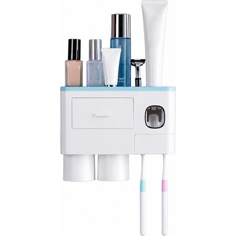 Porte-brosses à dents magnétique inversé, presse-tube de dentifrice, 2 gobelets bleus (1/4)